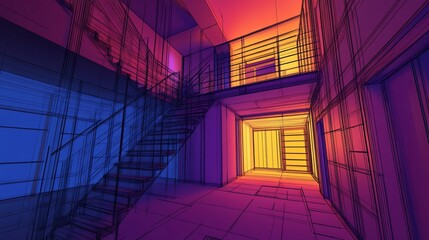 Aufkleber - Architectural Sketch Interior Staircase Building Design with Vibrant Colors