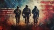 © Atmospheric stock - Three male soldiers with flags in background - military theme