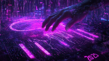 Fototapete - Digital interaction with futuristic technology in neon environment 2023 abstract art dynamic viewpoint
