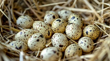 Wall Mural - A close-up of speckled eggs nestled in a straw-filled nest.
