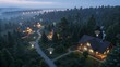 © Fukuro - Night view of rural houses with glowing wireless icons representing high-speed internet and eco-friendly digital connectivity development