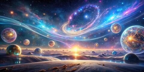 Wall Mural - a majestic sunrise over an alien landscape with vibrant celestial bodies and glowing nebulae