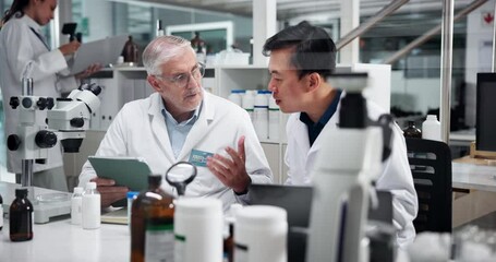Poster - Healthcare, scientist and colleagues with tablet, teamwork and people with medical research for treatment. Pharmaceutical, collaboration and specialist with tech for info and ideas for breakthrough