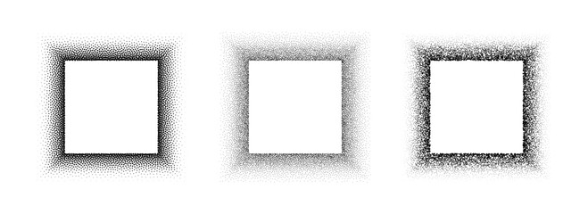Poster - Black stippled square frame set. Dotted gradient border collection. Rectangle picture holders for banner template, copy space, collage, emblem, poster, box. Vector stipple frame element bundle