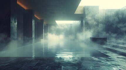 Wall Mural - a dark room with a black stone floor and an empty black marble table is filled with smoke,