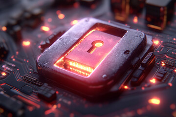 Poster - Close-up of a glowing lock symbol on a circuit board with intricate details and vibrant colors