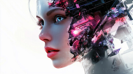 Poster - Digital artwork of a futuristic robot woman with elements of technology and color in a surreal expression