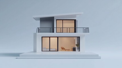 Poster - Modern two-story minimalist house with large windows and a balcony on a light blue background