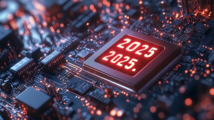 Poster - Digital Circuit Board Highlighting the Year 2025 With Glowing Components and Intricate Details