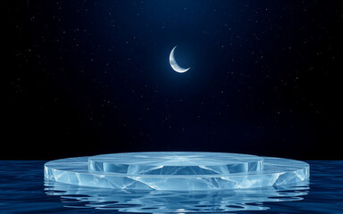 Wall Mural - a tranquil night scene displays a crescent moon casting light upon a glassy ice platform resting on 