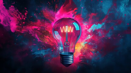 Poster - Bright Light Bulb Illuminated Against a Colorful Abstract Background at Night