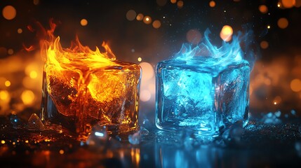 Poster - Ice Cubes on Fire With Blue and Orange Flames Creating Stunning Visual Effects in a Dark Setting