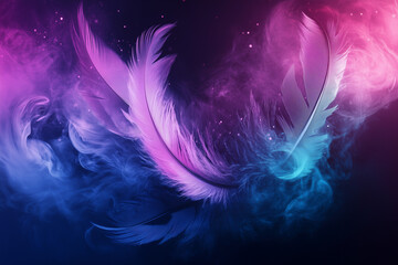 Poster - Floating Feathers with Ethereal Smoke and Neon Lighting against Transparent Background