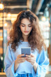 © AI Background  - Young woman engaging in mobile interaction urban setting candid close-up portrait modern lifestyle trends vibrant city environment