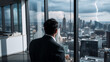 © YiuCheung - A person in formal attire gazes at a cityscape through a window, a storm visible with lightning striking in the distance. The person is focused on the city's skyscrapers.