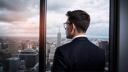 Aufkleber - A businessman in suit and glasses gazes out office window at sprawling cityscape with skyscrapers under cloudy sky and sunlight.
