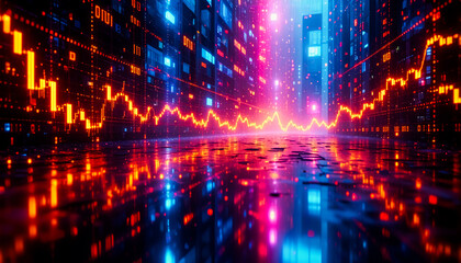 Poster - Bright neon cityscape with digital data lines overlay. Futuristic urban scene with glowing red and blue lights reflecting on the ground.
