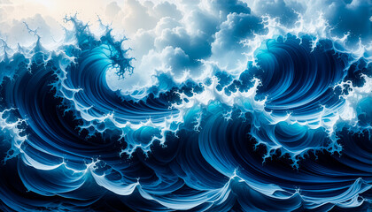 Poster - Majestic ocean waves surge and churn, creating a dynamic and powerful seascape.  Dramatic clouds fill the sky above the turbulent, blue and white water.