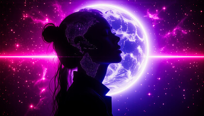 Poster - Silhouette of a woman gazes at a radiant planet against a star-filled galaxy, bisected by a bright horizontal neon line.