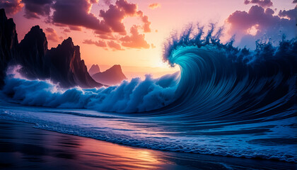 Poster - A powerful wave crashes on a sandy shore as the sun sets, painting the sky with vibrant hues of orange and pink, contrasting with dark rocks.