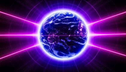 Poster - A digital planet Earth with city lights glows, encircled by radiating purple beams. Futuristic and vibrant, it represents global technology and energy.