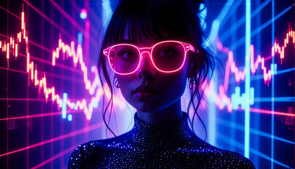 Poster - A woman with neon pink glasses stands against vibrant blue and pink glowing lines. Futuristic digital art with a modern tech vibe.