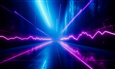Poster - Neon lights in blue and purple create a futuristic tunnel with perspective on a dark reflective surface, evoking a sense of speed and energy.