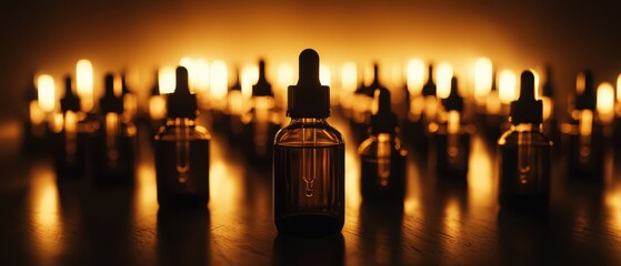 Aufkleber - A collection of amber glass droppers stands against a warm, glowing background, creating an atmospheric and tranquil scene.