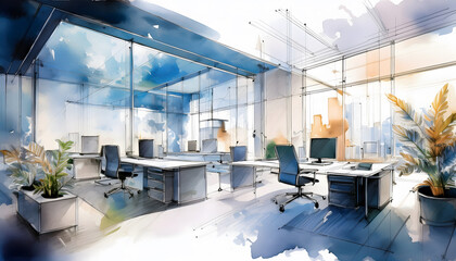 Poster - A modern office space featuring glass walls, plants, and a bright atmosphere, ideal for collaboration and productivity