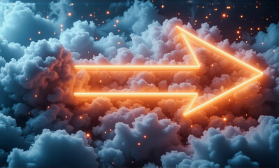 Fototapete - A vibrant orange neon arrow points right, glowing against a backdrop of fluffy blue clouds and sparkling lights.