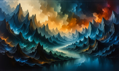 Poster - A dramatic vista unfolds with towering, jagged peaks under a sky ablaze with fiery hues. Water reflects the vibrant scene, creating a surreal, dreamlike landscape.