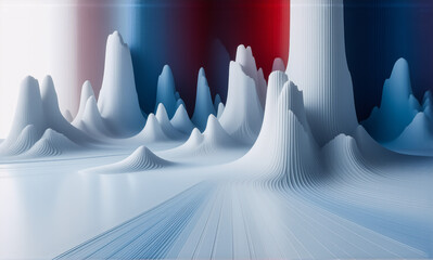 Poster - Abstract landscape features smooth, wavy white shapes like mountains against a blurred blue and red background. Futuristic design with soft light effects and textured surfaces.