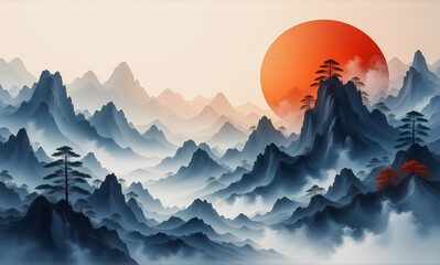 Poster - Misty blue mountain range silhouettes are bathed in the warm glow of a large orange sun, with scattered pine trees adding depth to the tranquil scene.
