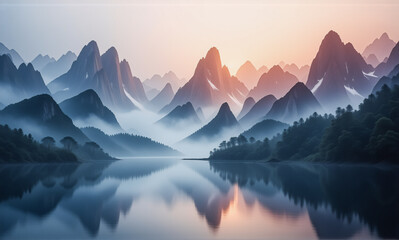 Poster - Serene mountain landscape with layered peaks shrouded in mist, reflecting in calm water. Peaceful and scenic nature view.