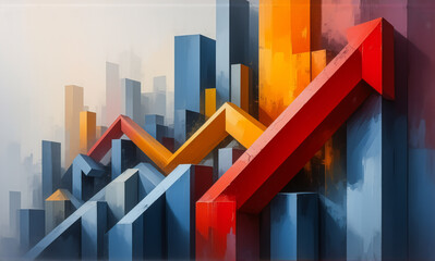 Poster - Abstract digital art depicts bar graphs and upward-pointing arrows in vibrant blue, orange, and red hues, symbolizing growth and positive trends in a financial context.