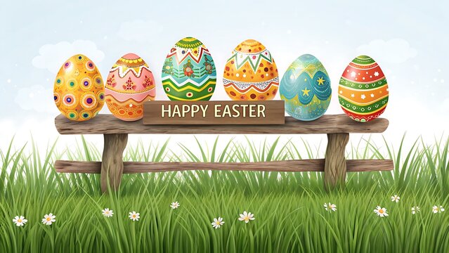 A festive template featuring six beautifully painted Easter eggs celebrating Happy Easter, arranged with a rustic wooden bench and lush green meadow grass. 