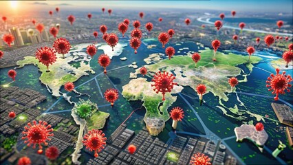 Poster - Global Virus Alert with Concept Map and Symbols Over City Landscape