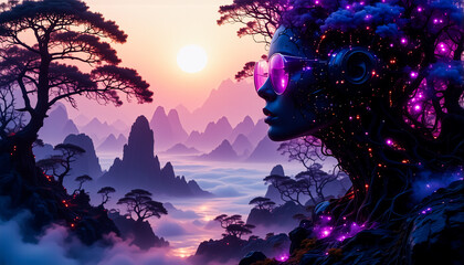 Poster - A woman with glowing purple hair wearing sunglasses looks out over a misty mountain landscape at sunset. Scenic view, nature, and fantasy elements.