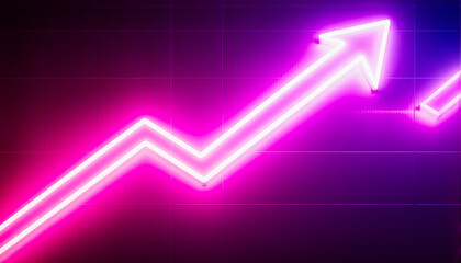 Aufkleber - A vibrant pink neon arrow points upwards on a dark grid backdrop with purple and blue hues, suggesting growth and progress in a dynamic and modern style.