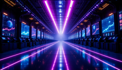 Poster - futuristic corridor with glowing neon lights and data screens lining the walls, creating a tunnel ef