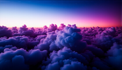 Aufkleber - Dramatic aerial view of fluffy purple and blue clouds stretching to the horizon under a gradient sky at dawn, illuminated with vibrant colors.