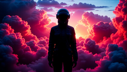 Aufkleber - A silhouetted figure in a helmet stands amidst a vibrant, dramatic cloudscape at dusk, illuminated by a bright light source in the distance.