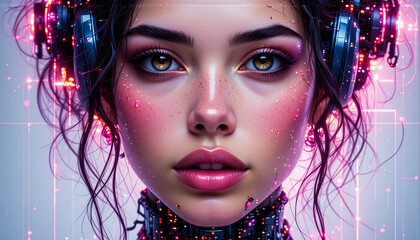 Poster - Portrait of a woman with glowing headphones   pink makeup, futuristic collar, bright digital geometric background.