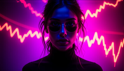 Aufkleber - Stylish woman with sunglasses posed against a vibrant neon backdrop of purple and blue lights and dynamic graph lines. Moody portrait.