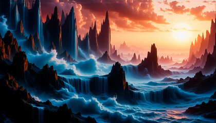 Poster - Dramatic mountain landscape with jagged peaks and blue rivers. A fiery sunset sky paints the horizon with vibrant colors.