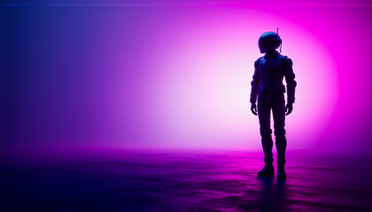 Aufkleber - A silhouetted figure in a helmet stands against a vibrant backdrop of purple and blue hues, creating a mysterious and futuristic atmosphere. The scene is bathed in bright, contrasting light.