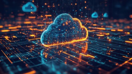 Poster - A glowing digital cloud icon surrounded by vibrant data streams, representing cloud computing and modern technology.