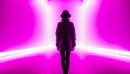 Poster - Silhouetted figure in a bright pink tunnel with glowing lights. Person in coat and hat stands in a futuristic corridor, walking into the unknown.