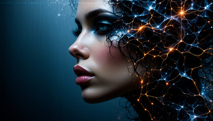 Poster - A woman's profile is illuminated by glowing neural network patterns, symbolizing technology and connection against a dark blue backdrop.