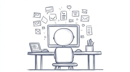 Poster - A sketch of a person working at a desk with a computer, surrounded by flying emails and notes, illustrating a busy, digital workspace.